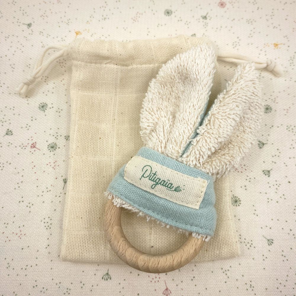 Hochet lapin en coton bio GOTS et bois de hêtre