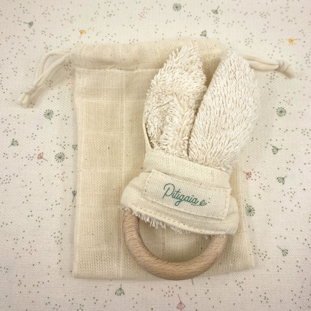 Hochet lapin en coton bio GOTS et bois de hêtre