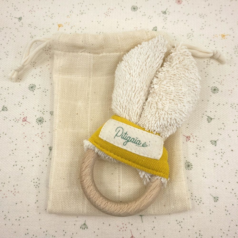 Hochet lapin en coton bio GOTS et bois de hêtre