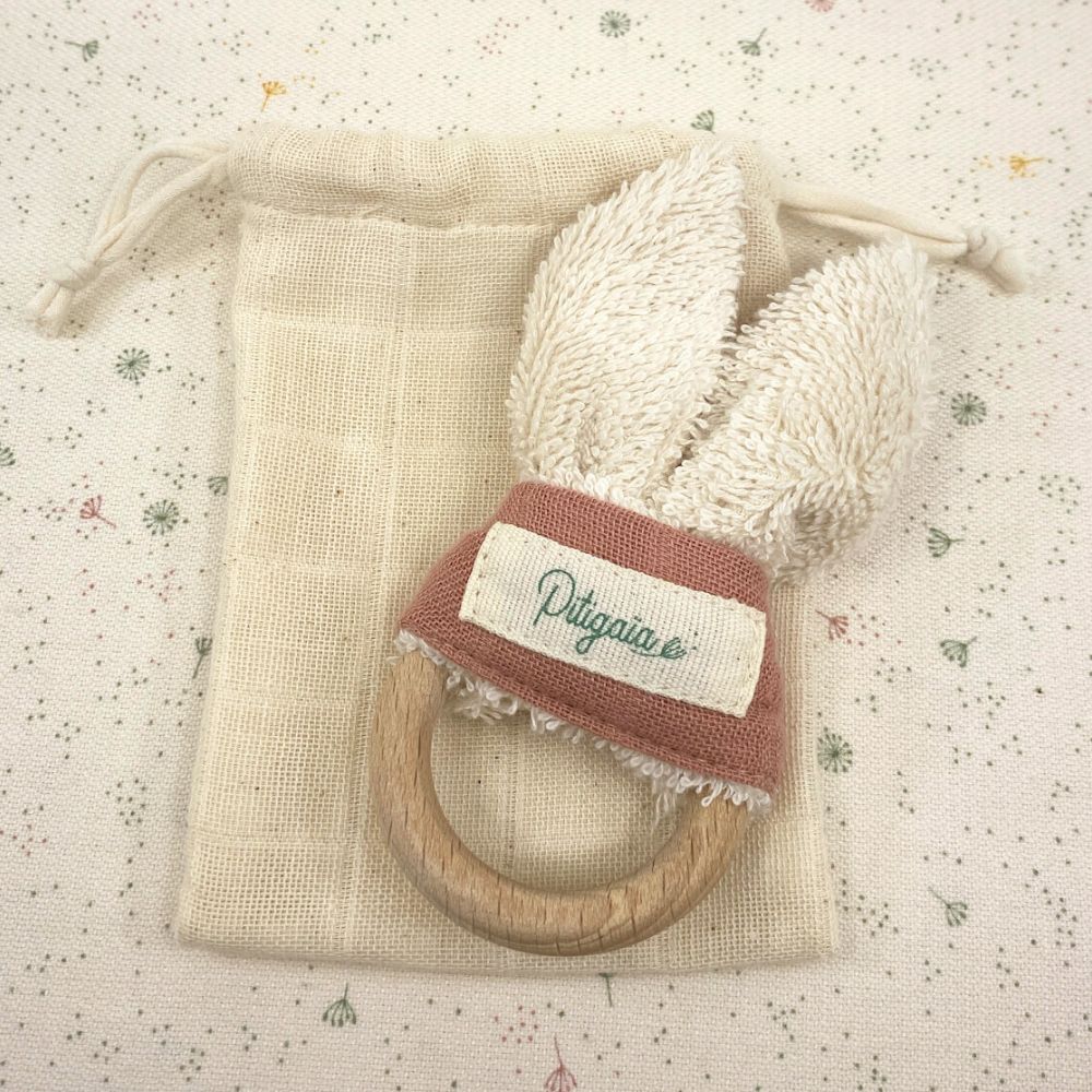 Hochet lapin en coton bio GOTS et bois de hêtre