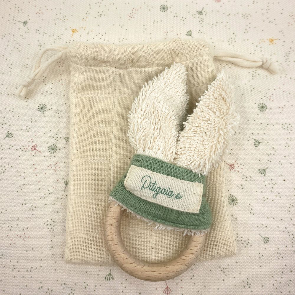 Hochet lapin en coton bio GOTS et bois de hêtre
